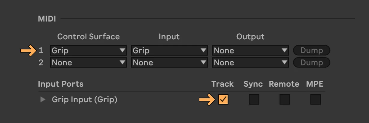 Ableton MIDI settings showing Grip as control surface